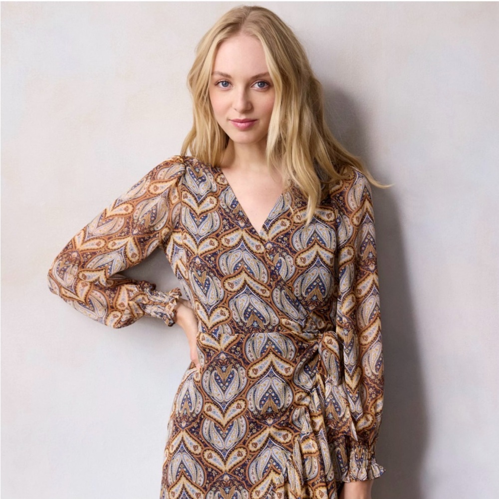 LC Lauren Conrad Paisley Wrap Dress in Brown and Blue